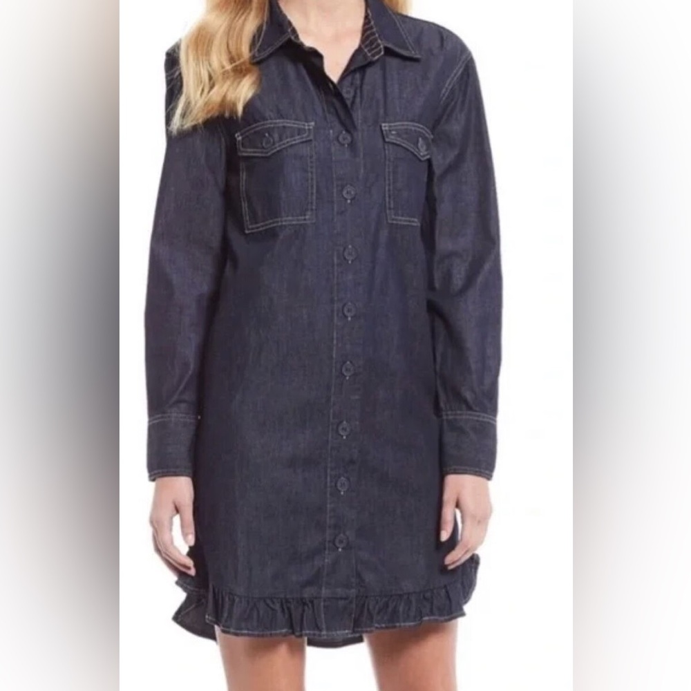 NWT TOMMY HILFIGER Dark Blue Denim Shirt Button Down Ruffle Hem Dress Size 8